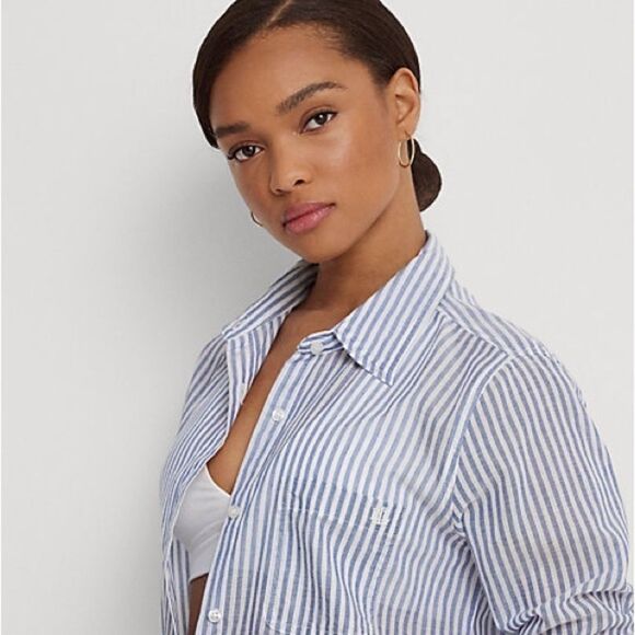 LAUREN Ralph Camp Shirt swim cover up Striped Cotton Button Down Top Blue MD - Picture 4 of 14